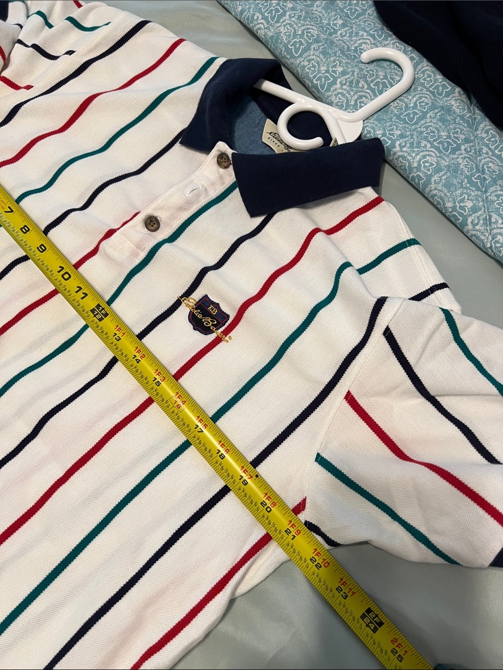 Vintage Eddie Bauer White Polo with Navy Collar and Red, Teal, and Black Stripes - Picture 6 of 8